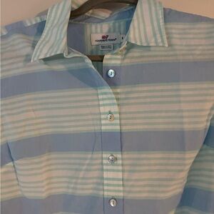 Vineyard Vines button down womans/juniors blouse top blue teal & white size 8